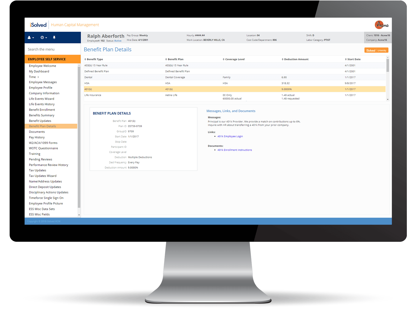 Desktop screenshot of iSolved Benefit Plan Details
