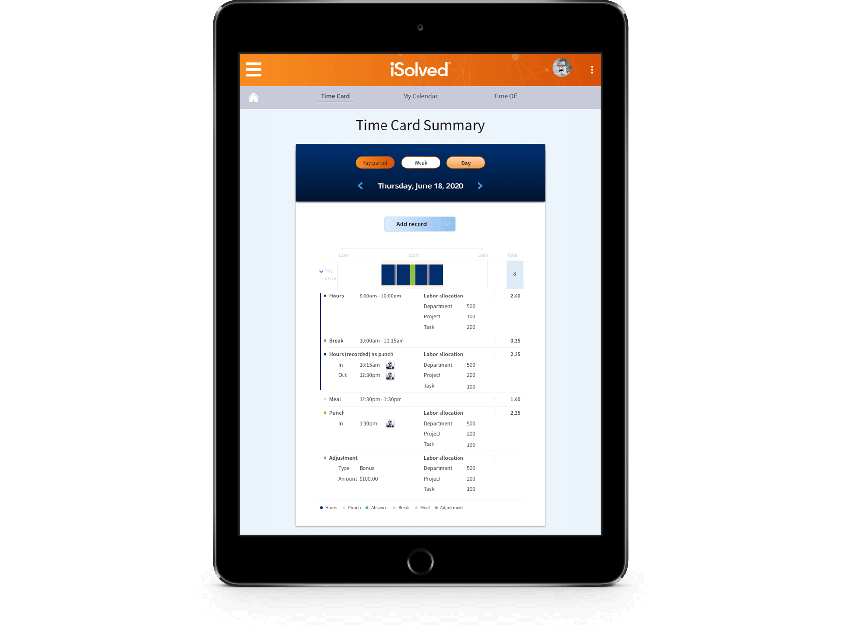 Tablet screenshot of iSolved Time Card