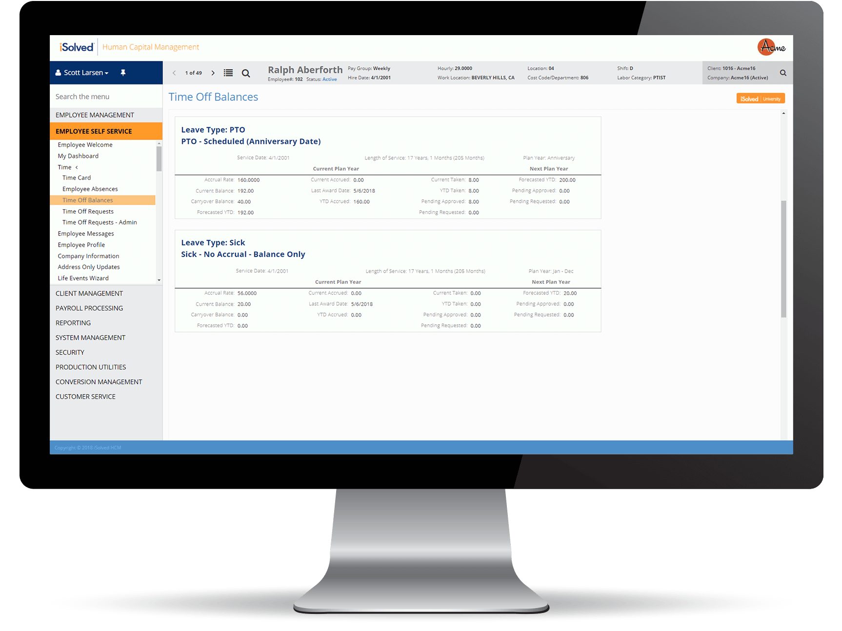 Desktop screenshot of iSolved Time Off Balances