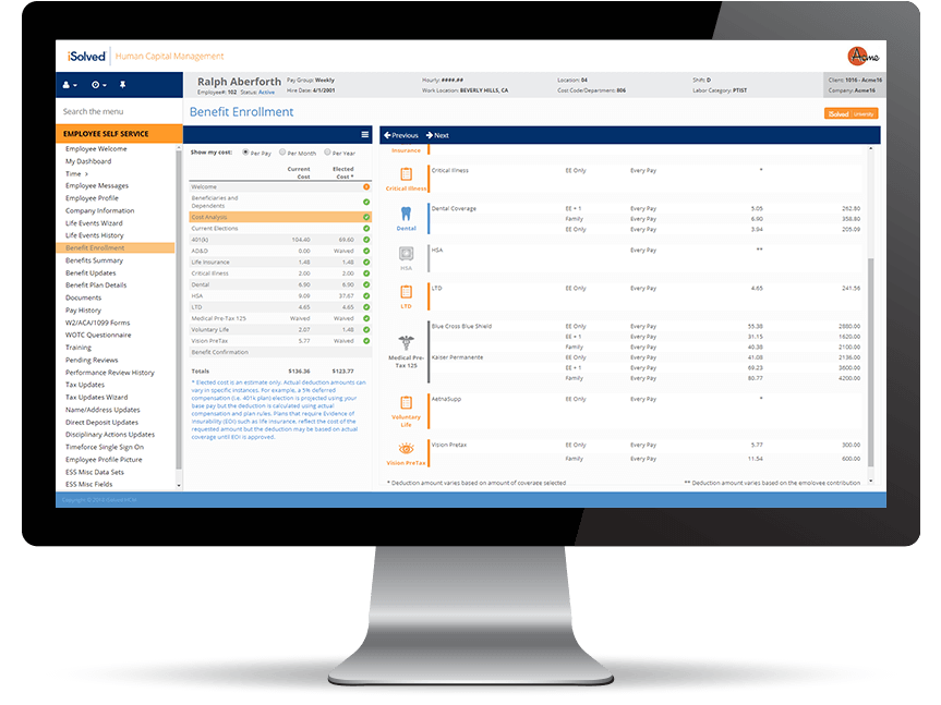 Desktop screenshot of iSolved Benefit Cost Analysis